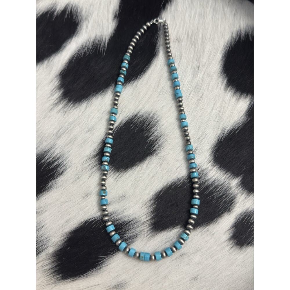 Native American Sterling Silver 5mm Navajo Pearl 6mm Turquoise HEISHI Necklace - Picture 2 of 9